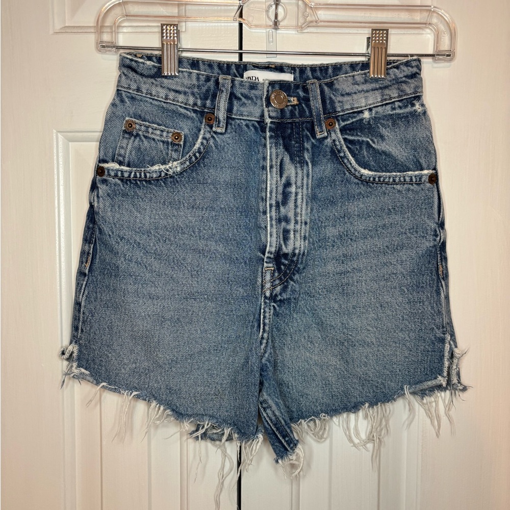 Zara Blue Frayed Hem Jean Shorts